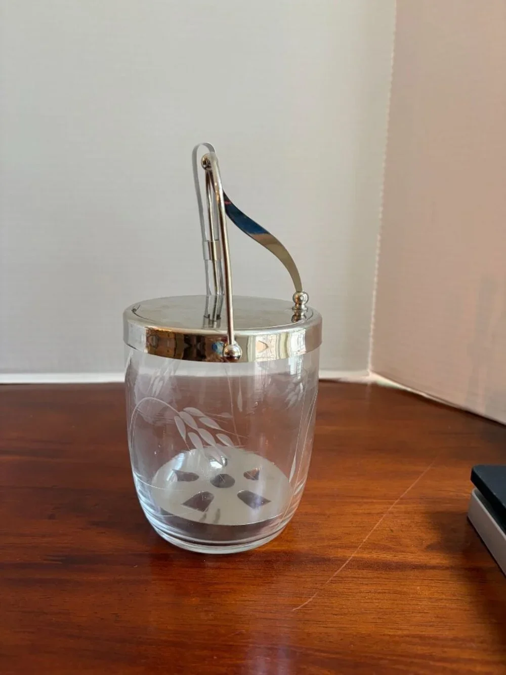 Vintage Sasaki Etched Glass Ice Bucket Small Metal Handle and Tongs